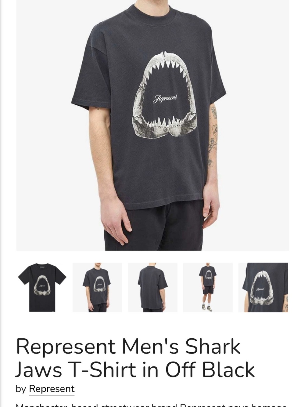 Represent Men's Shark Jaws T-Shirt in Off Black/ charcoal Grey size Medium